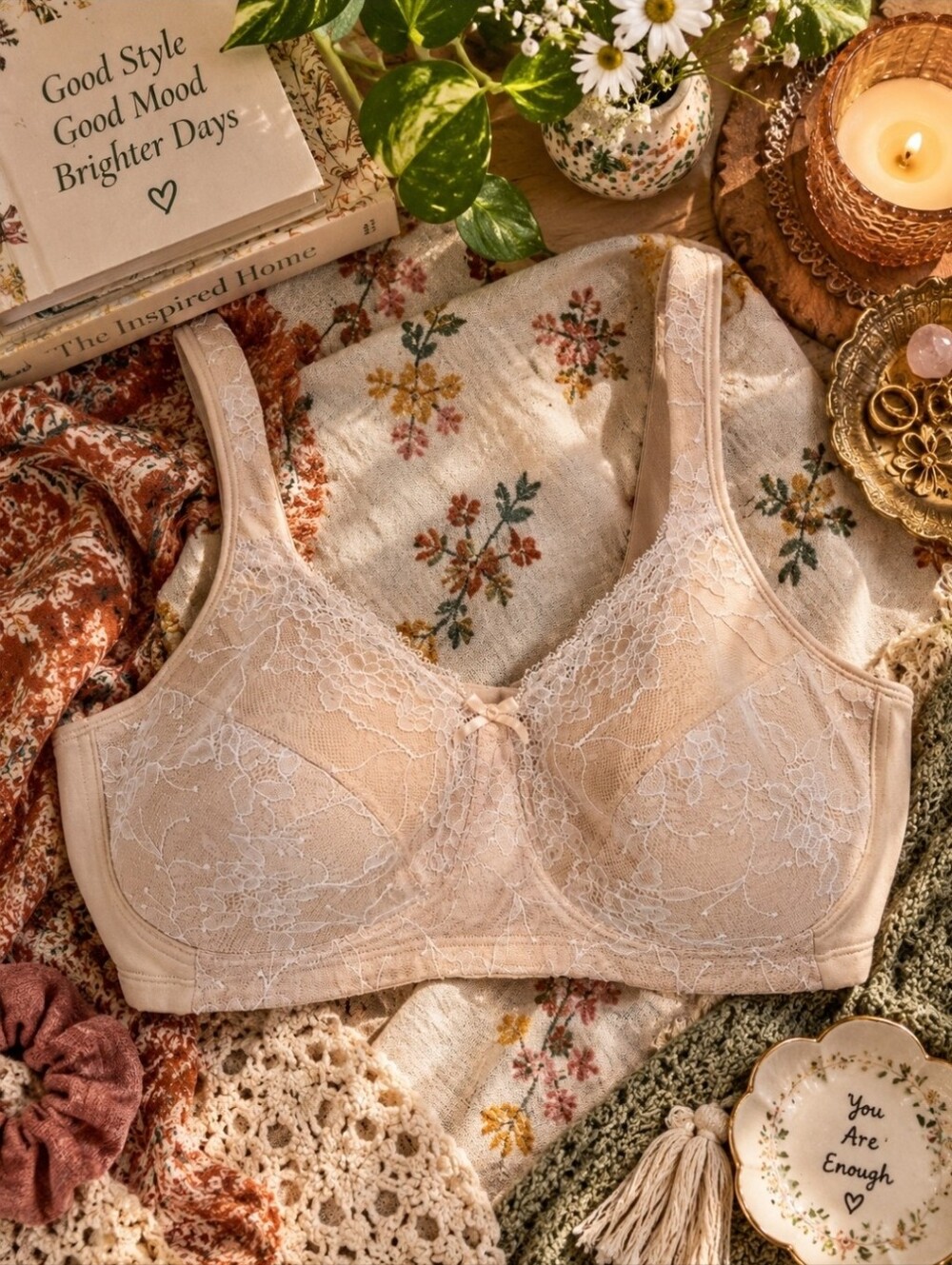 4/$15 Fantasie Nude Lace Wireless Bra 36D Romantic Coquette Balletcore 90s Boho